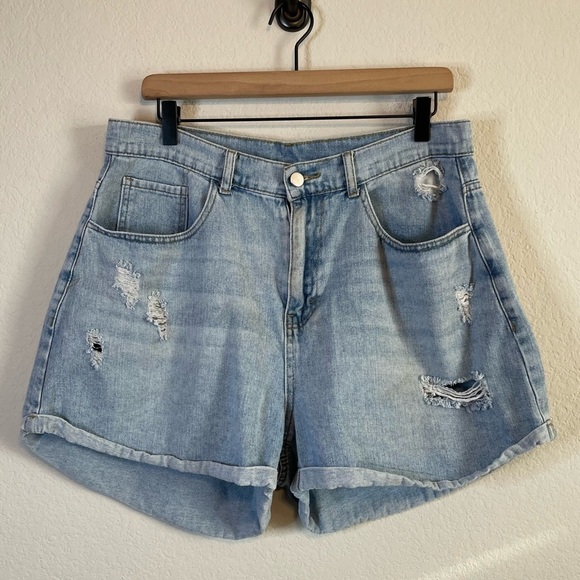 Denim High Rise Distressed Mom Shorts - Picture 1 of 6